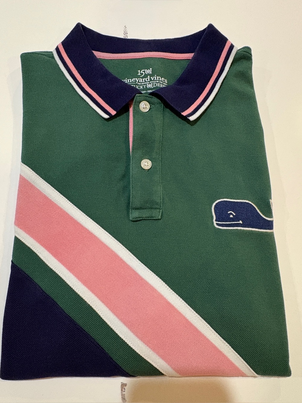 Vineyard Vines Green Polo with Pink & Navy Stripes